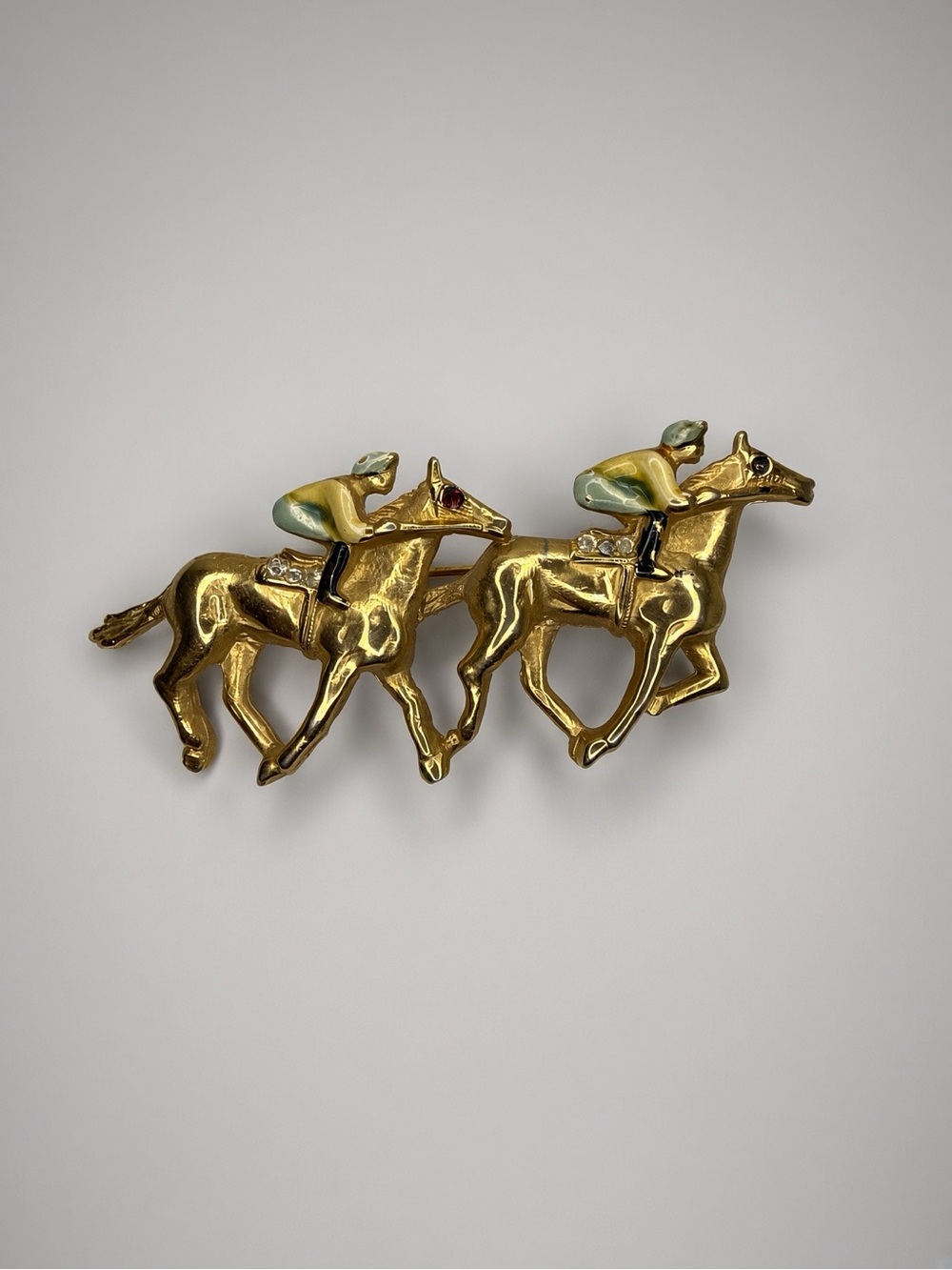 Vintage BSK My Fair Lady Horse Racing Double Jockey Brooch Gold Enamel Pin 2”
